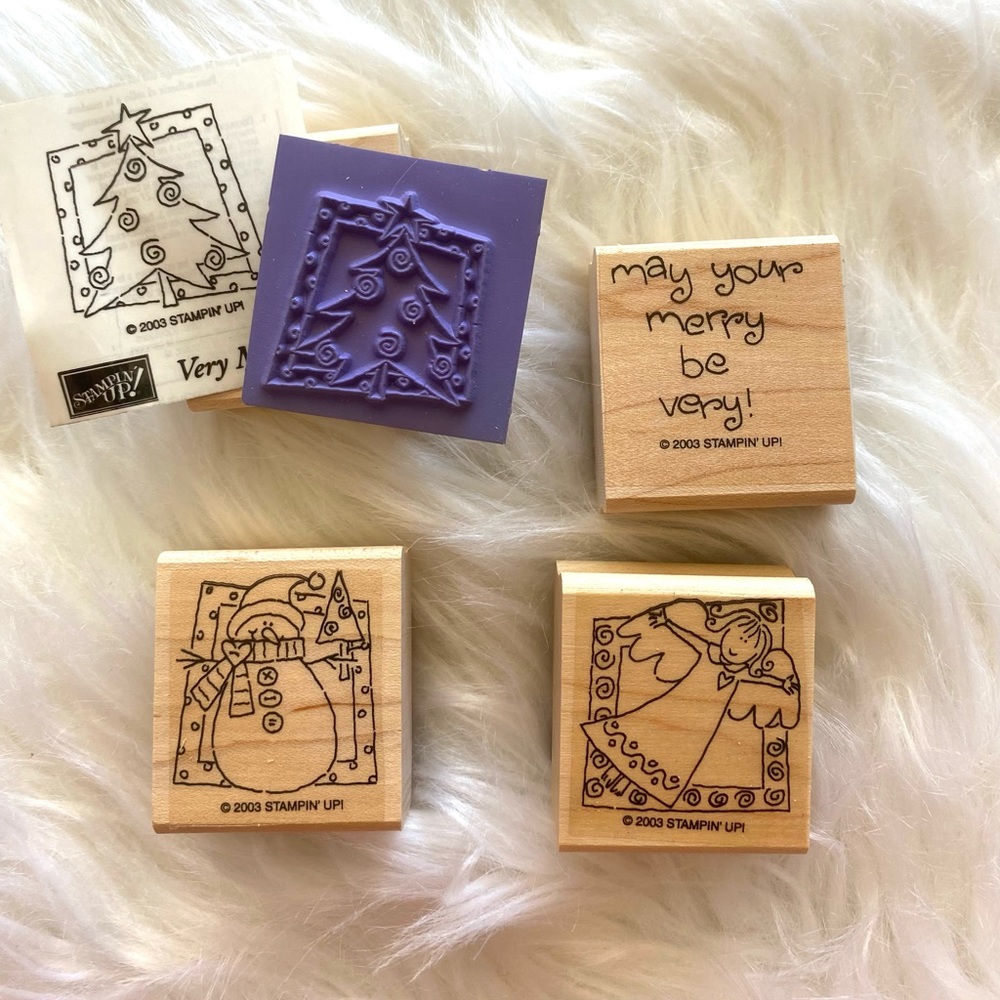 NEW  STAMPIN UP VERY MERRY SET OF 4 WOOD RUBBER STAMPS CHRISTMAS